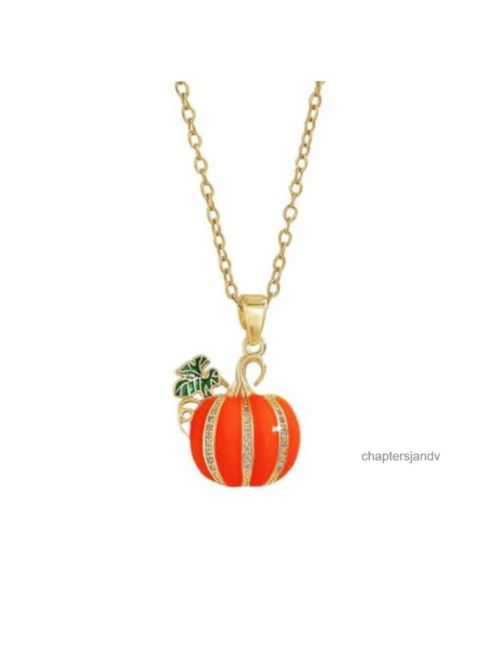 Rhinestone Pumpkin Pendant Necklace Gold-Tone Enamel Link Chain Adjustable Fall
